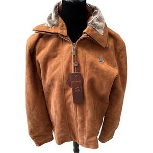 Men's Tan Suede Bomber Jacket with Faux Fur Collar